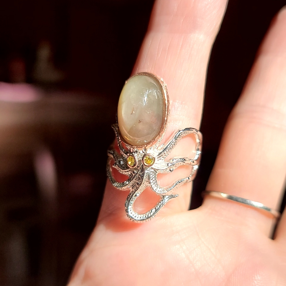 COPY - Star Sapphire RARE green color &Citrine Sterling Octopus 🐙 ring sz8 - Picture 5 of 7